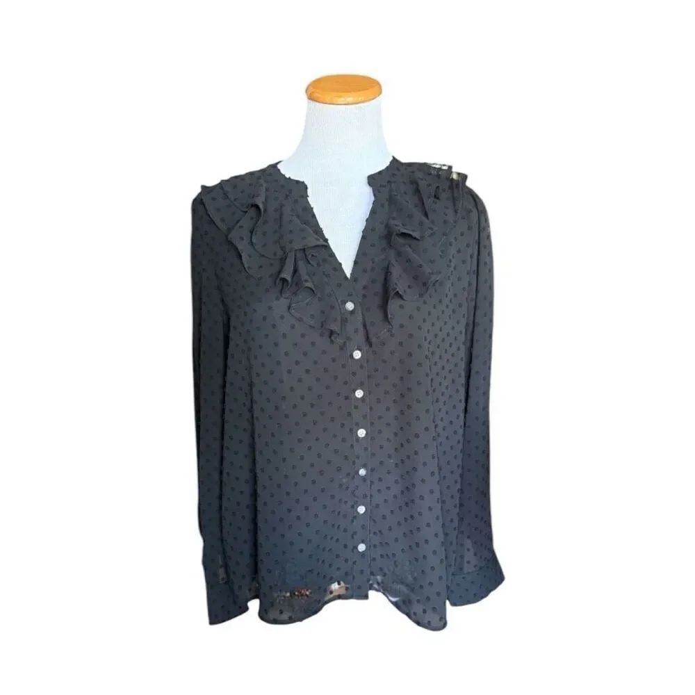 Womens J Crew J.Crew Ruffle Neck Button Down Black Swiss Dot Top Blouse - Sz XL